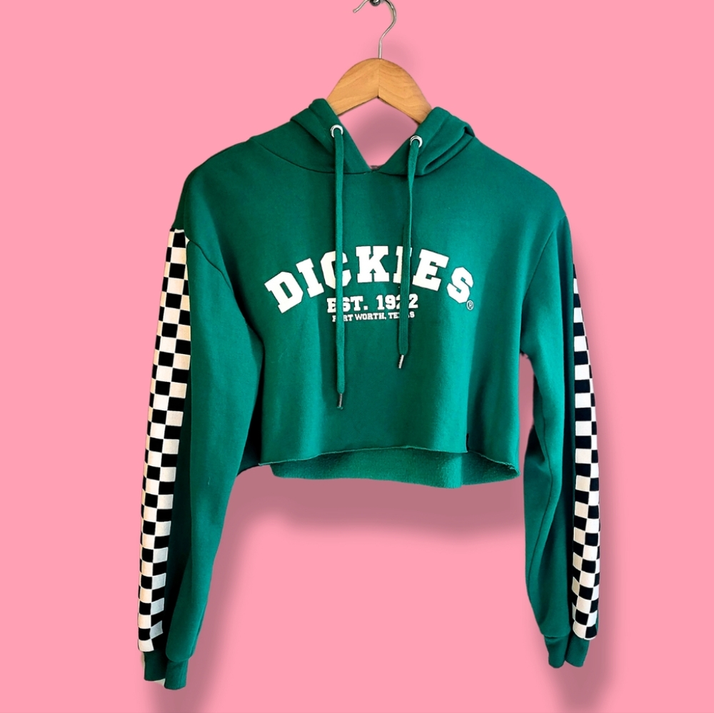 Dickies Green Cropped Hoodie Checkerboard Racing Sleeve Women's Size Small